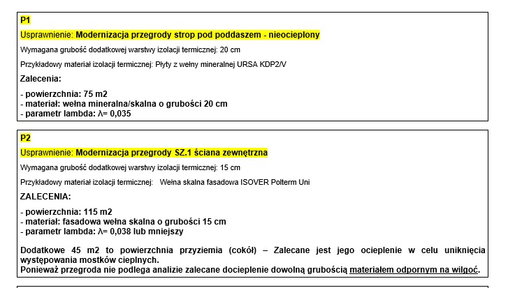 Dokument z wytycznymi dotyczącymi modernizacji przegrody stropu pod poddaszem i ściany zewnętrznej, zawierający informacje o wymaganej grubości izolacji termicznej i parametrach materiałów...