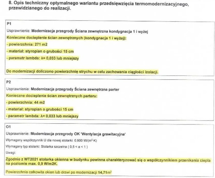 Dokument z opisem technicznym optymalnego wariantu przedsięwzięcia termomodernizacyjnego, zawierający specyfikacje dotyczące modernizacji ścian zewnętrznych (kondygnacja 1 i parter) oraz wentylacji...