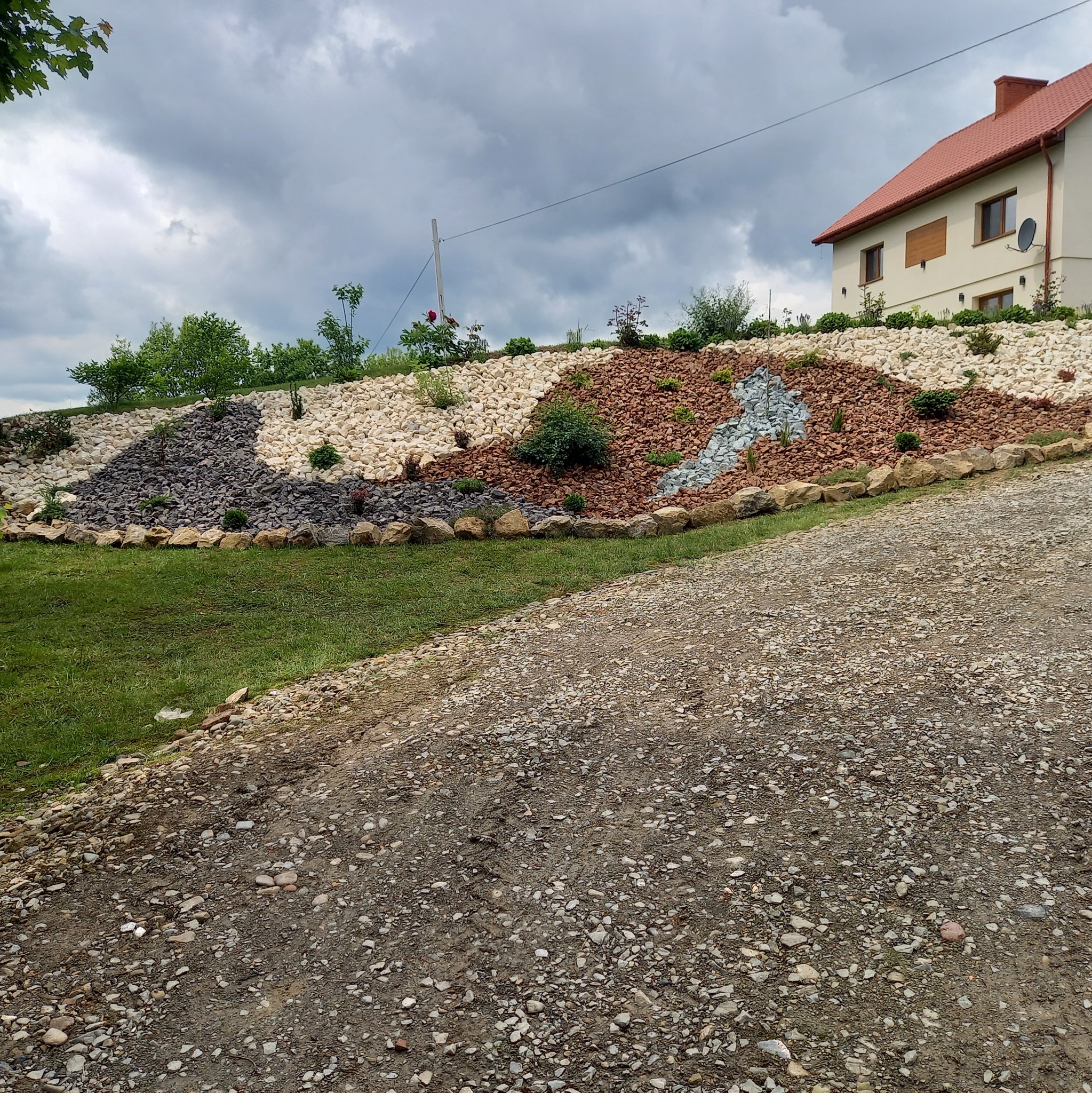 Skarpa z kamieni ozdobnych w odcieniach bieli, brązu i szarości, imitująca koryto rzeki, z nasadzeniami roślin, widok z żwirowej drogi, dom w tle.