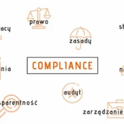 Grafika ilustrująca zagadnienia związane z compliance: kodeks pracy, prawo, zasady, standardy, nadzór, zarządzanie ryzykiem, audyt, transparentność, wymagania.