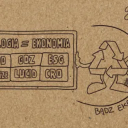 Ręcznie rysowana grafika na brązowym papierze: równanie 'Ekologia = Ekonomia', skróty BDO, GOZ, ESG, KOBIZE, LUCID, CRO, symbol recyklingu z nogami i podpis 'Bądź Eko w 2024 z Ekopro'.