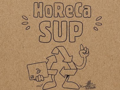 Ręcznie rysowana ilustracja na brązowym tle przedstawiająca napis HoReCa SUP oraz symbol recyklingu z laptopem i gestykulującą ręką, nawiązująca do zrównoważonego rozwoju w branży hotelarskiej...