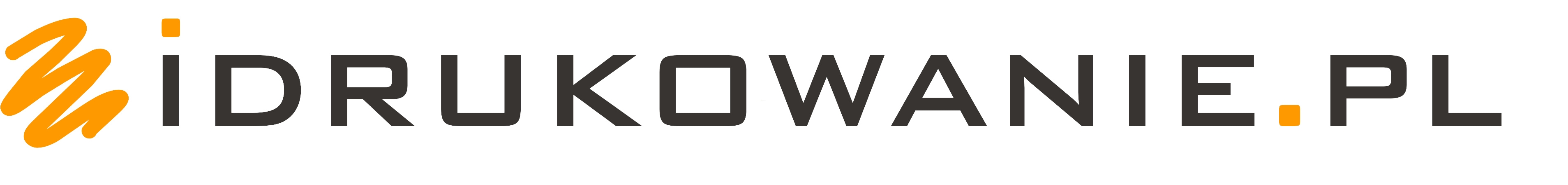 Logo firmy idrukowanie.pl z pomarańczowym symbolem graficznym po lewej stronie i czarnym napisem nazwy domeny, prezentowane na białym tle.