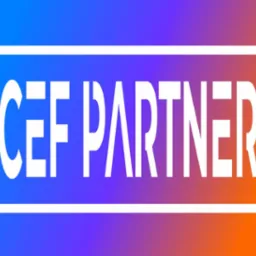 Grafika z napisem 'CEF PARTNER' w białych literach na tle gradientu od fioletu do pomarańczu, obramowana białymi liniami.