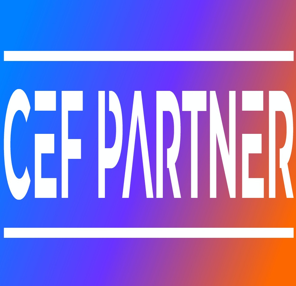 Grafika z napisem 'CEF PARTNER' w białych literach na tle gradientu od fioletu do pomarańczu, obramowana białymi liniami.