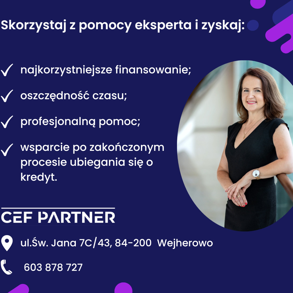 Profesjonalna doradczyni w czarnej sukience, uśmiechnięta, na tle jasnego biura, obok tekstu o korzyściach z pomocy eksperta finansowego: najkorzystniejsze finansowanie, oszczędność czasu...