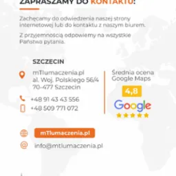Grafika informacyjna firmy tłumaczeniowej z adresem w Szczecinie, numerami telefonów, adresem e-mail i oceną w Google Maps na tle mapy świata i sylwetki miasta.