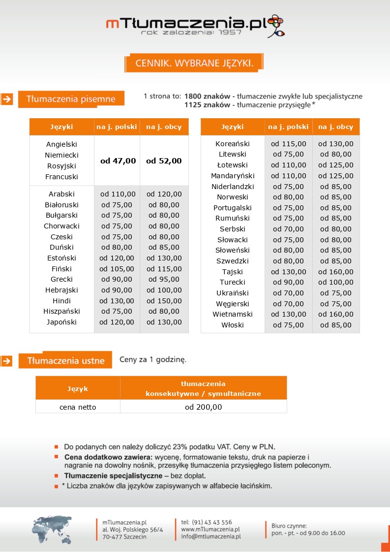 Cennik usług tłumaczeniowych pisemnych i ustnych, z wyszczególnionymi językami i cenami za tłumaczenie na język polski i obcy oraz za tłumaczenia konsekutywne/symultaniczne.