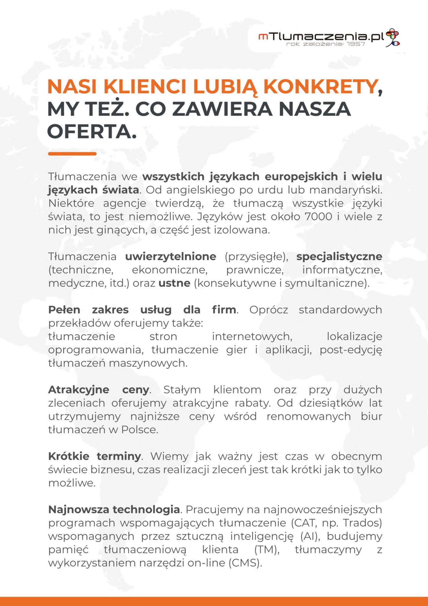 Tekst reklamowy biura tłumaczeń mTlmaczenia.pl z hasłem 'Nasi klienci lubią konkrety, my też. Co zawiera nasza oferta.' oraz informacjami o tłumaczeniach we wszystkich językach europejskich i wielu...