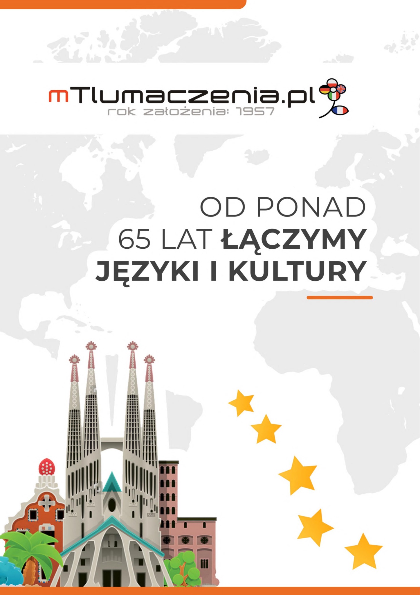 Grafika reklamowa firmy tłumaczeniowej z logo, mapą świata w tle i hasłem 'Od ponad 65 lat łączymy języki i kultury', z ilustracją Sagrada Familia i budynków w Barcelonie.