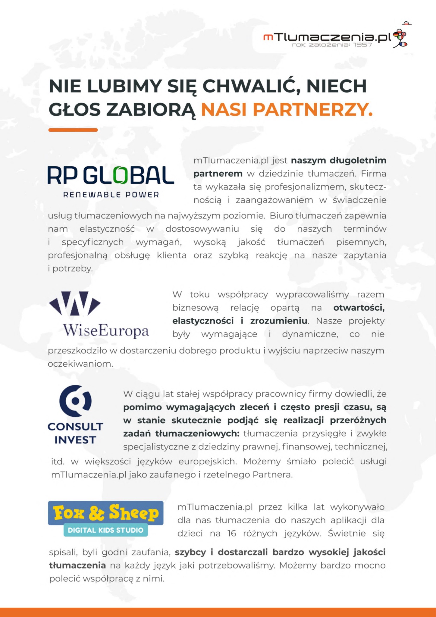 Opinie klientów o biurze tłumaczeń mTlumaczenia.pl z logotypami firm RP Global, WiseEuropa, Consult Invest i Fox & Sheep, podkreślające profesjonalizm i wysoką jakość tłumaczeń.