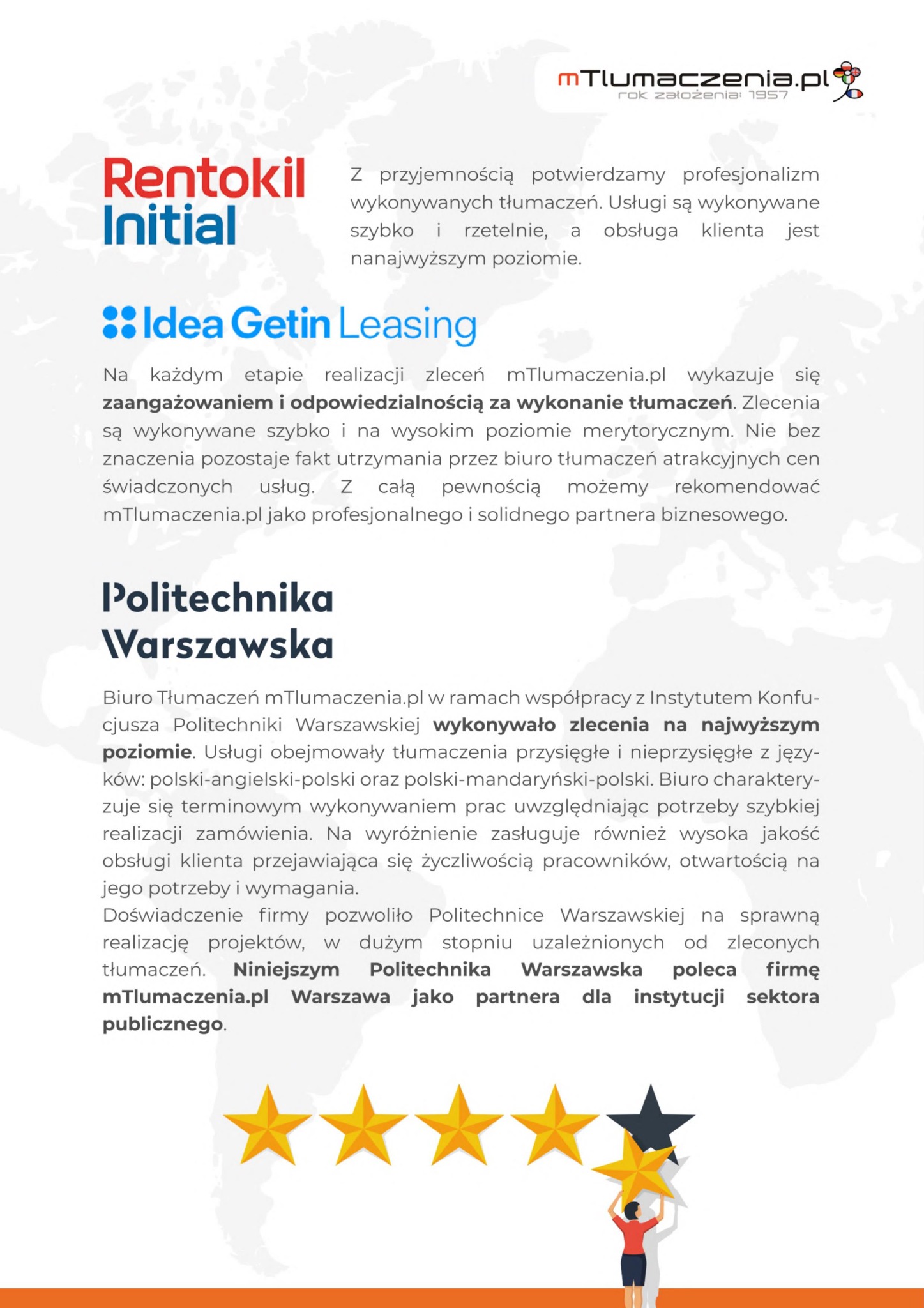 Grafika z referencjami dla biura tłumaczeń mTlumaczenia.pl, zawierająca logotypy firm Rentokil Initial, Idea Getin Leasing i Politechniki Warszawskiej, oraz fragmenty rekomendacji podkreślające...