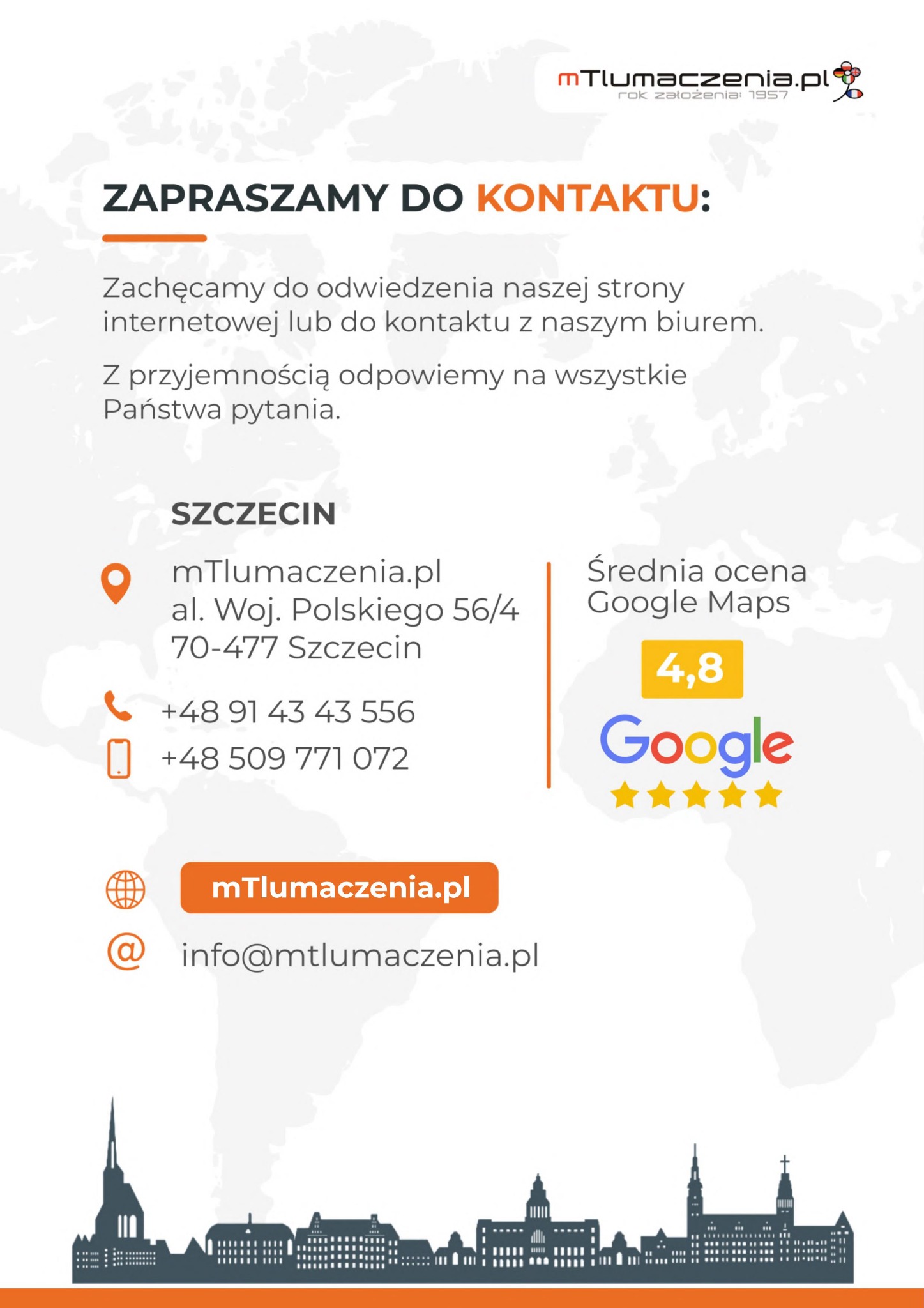 Grafika informacyjna firmy tłumaczeniowej z adresem w Szczecinie, numerami telefonów, adresem e-mail i oceną w Google Maps na tle mapy świata i sylwetki miasta.