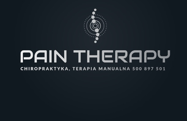 Logo firmy Pain Therapy oferującej chiropraktykę i terapię manualną, numer telefonu 500 897 501, na ciemnym tle.