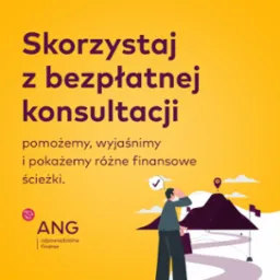 Ilustracja: Mężczyzna szuka drogi do celu na tle góry. Oferta bezpłatnej konsultacji finansowej. Logo ANG. Odpowiedzialne finanse.