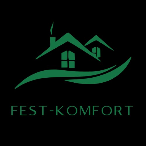 Zielone logo firmy budowlanej Fest-Komfort na czarnym tle, przedstawiające stylizowany dom z kominem i falistą linią, sugerujące komfortowe mieszkanie.