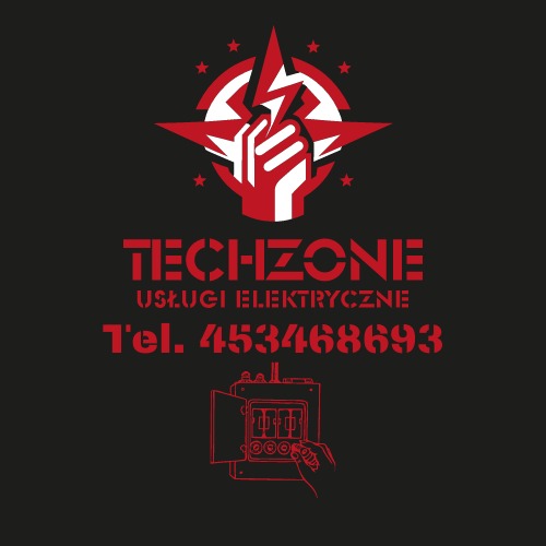 Czerwone logo firmy Techzone Usługi Elektryczne na czarnym tle, przedstawiające dłoń trzymającą błyskawicę wewnątrz gwiazdy, numer telefonu i schematyczny rysunek otwartej skrzynki elektrycznej...