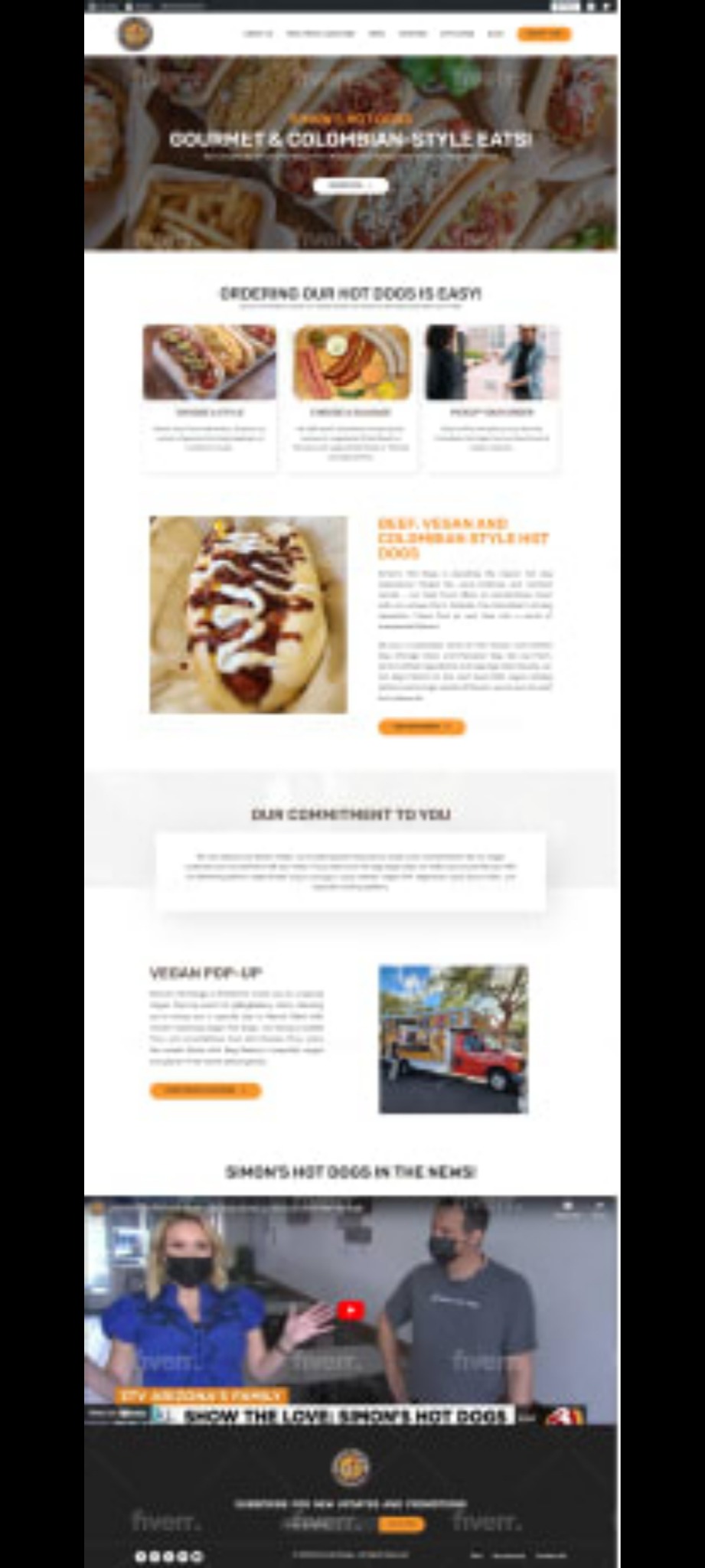 Zrzut ekranu strony internetowej restauracji z naciskiem na dania typu hot dog, z elementami interfejsu użytkownika, takimi jak menu, zdjęcia potraw i sekcje informacyjne.