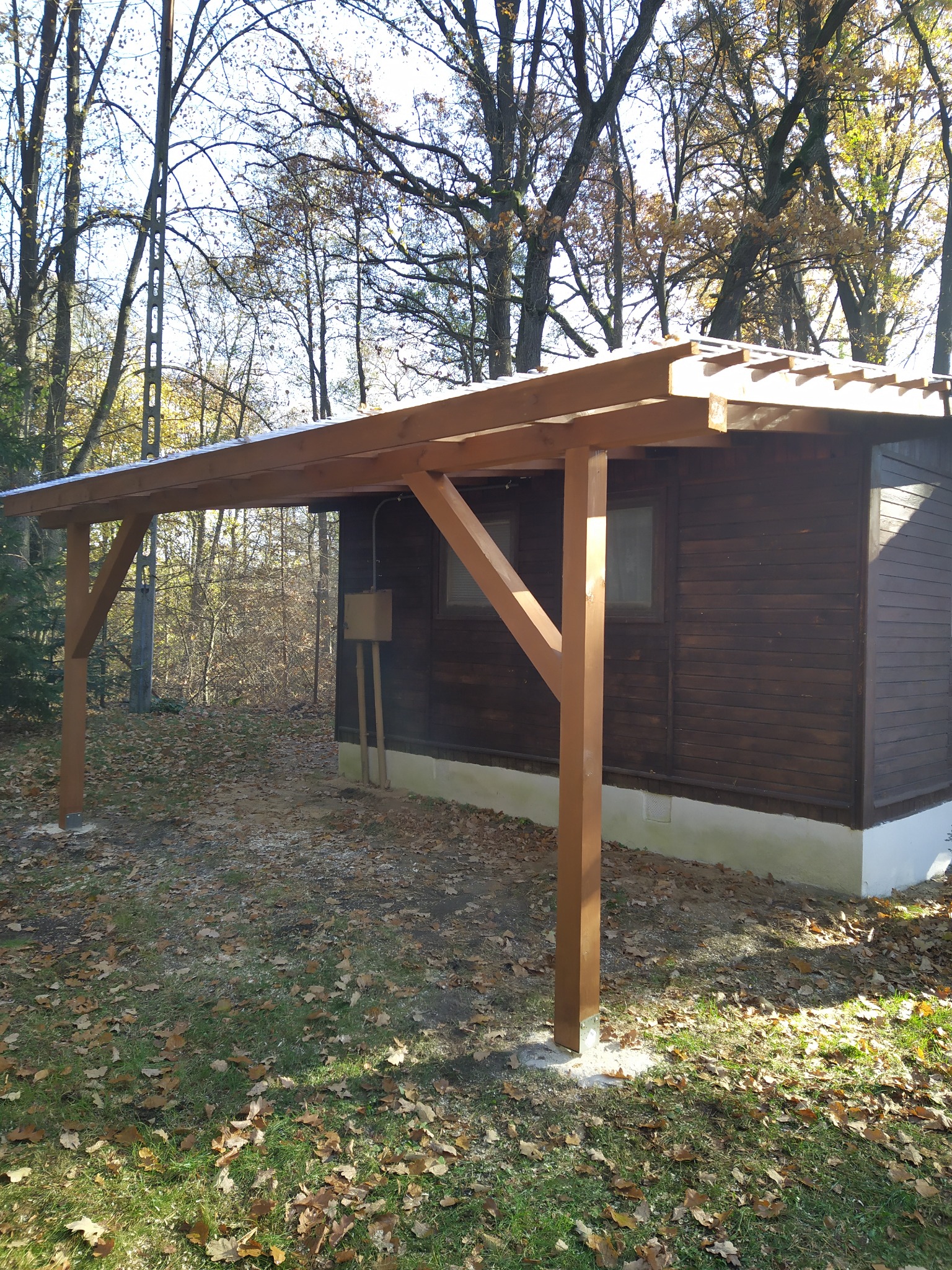 Drewniana wiata przylegająca do budynku z drewnianą elewacją, wsparta na solidnych, brązowych słupach, na tle jesiennego lasu.