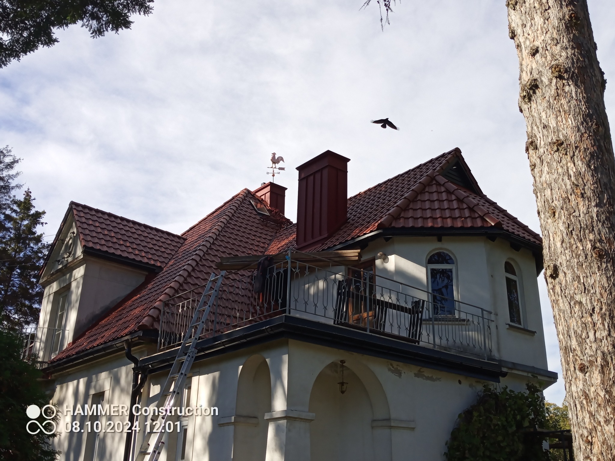 Dwupiętrowy dom z czerwoną dachówką, balkonem z metalową balustradą i drabiną opartą o dach, na dachu wiatrowskaz w kształcie koguta, w tle widoczne drzewo i lecący ptak.
