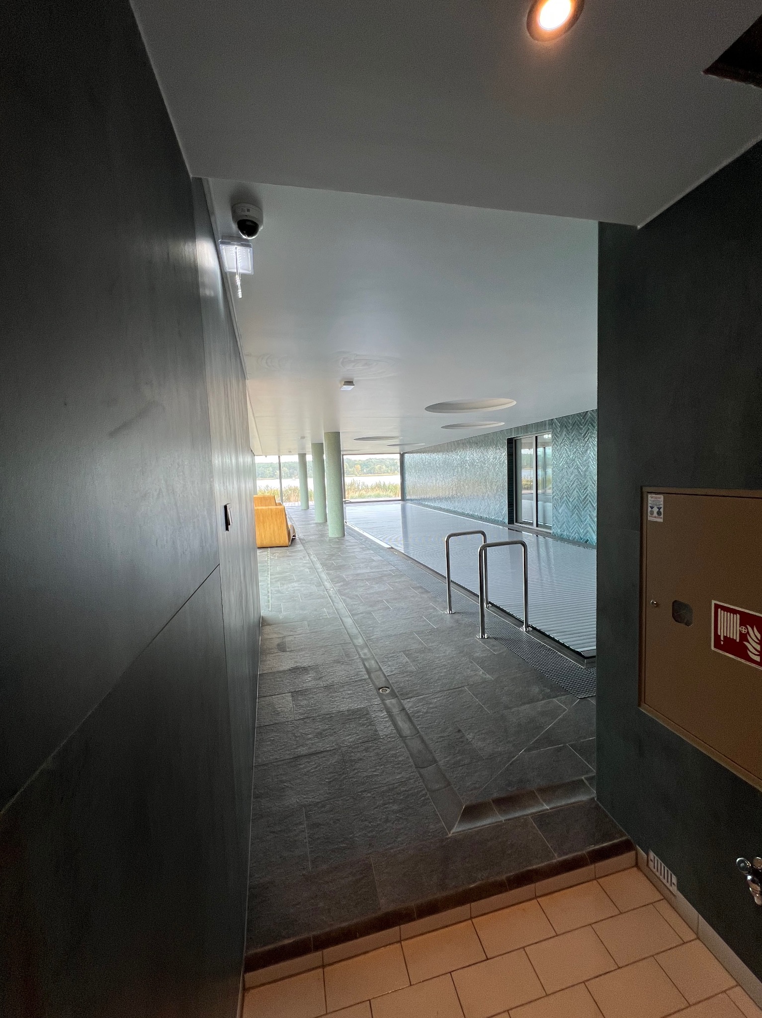 Wnętrze nowoczesnego basenu z szarymi płytkami podłogowymi, przeszkloną ścianą z mozaiką i metalowymi barierkami, widok z korytarza z ciemnymi ścianami i brązową szafką hydrantową.