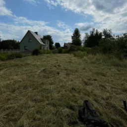 Świeżo skoszone pole trawy z widocznymi śladami cięcia, w tle zielony dom i błękitne niebo z chmurami. Częściowo widoczny sprzęt do koszenia w prawym dolnym rogu.