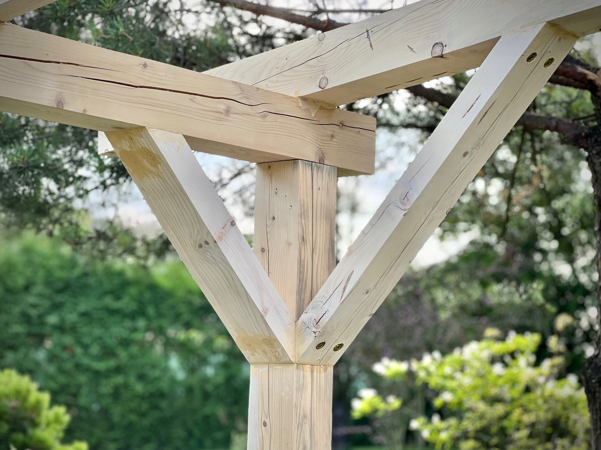 Fragment konstrukcji wiaty z jasnego drewna, widoczne połączenia belek i słupów, tło z zielenią ogrodu.