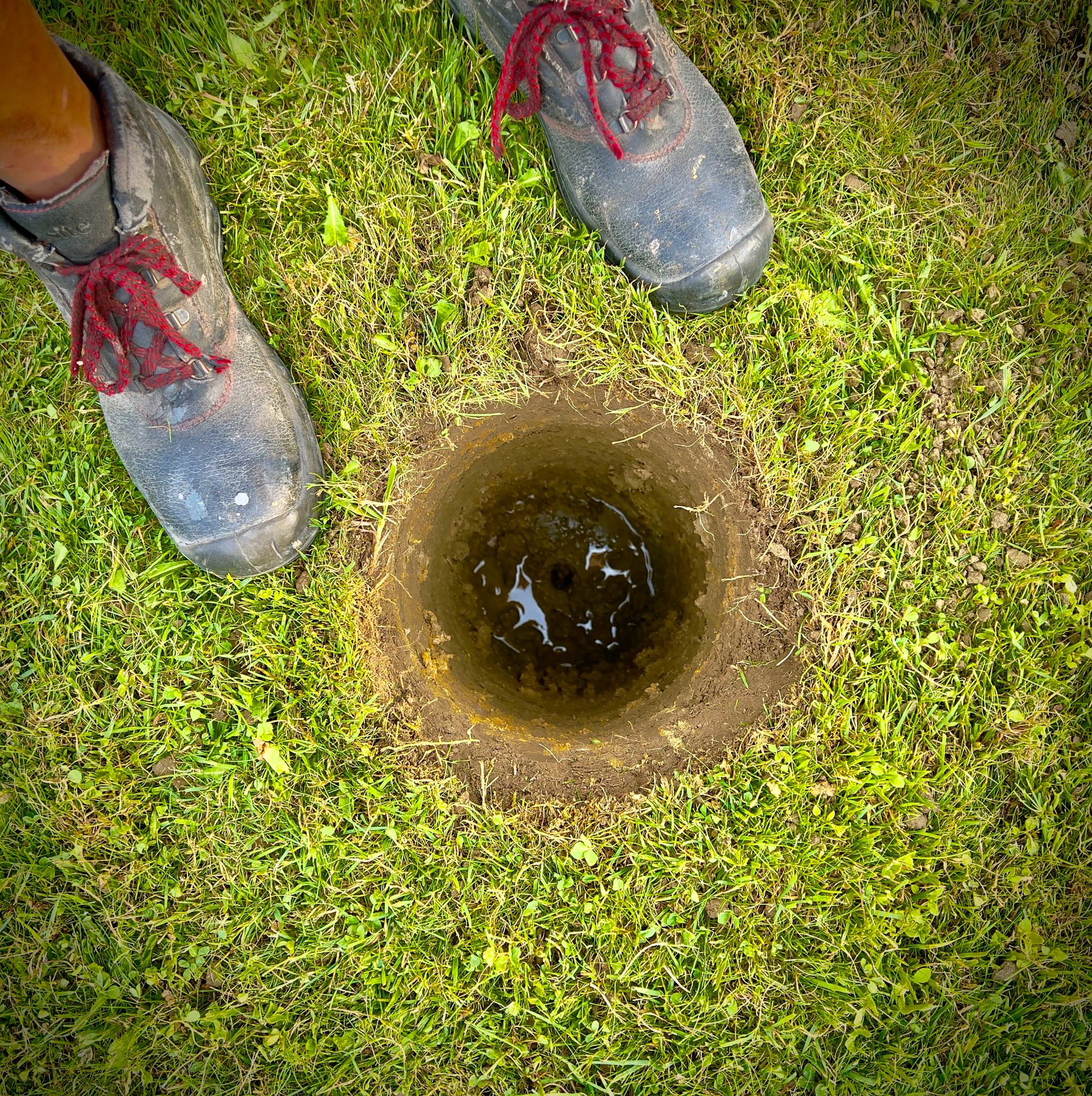 Wykopany otwór w trawie, prawdopodobnie pod słupek, obok stoją buty robocze z czerwonymi sznurówkami.