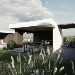 Wizualizacja nowoczesnego ogrodu z minimalistyczną architekturą, obejmującą pawilon z ciemnego drewna i białe ściany, basen, staromodny rower oparty o ścianę i ozdobne trawy na pierwszym planie.