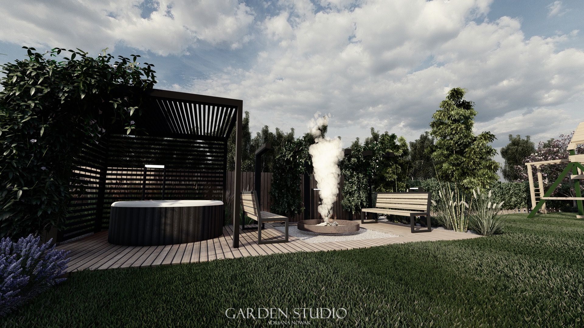 Wizualizacja ogrodu z jacuzzi pod zadaszeniem z drewnianych listew, paleniskiem z dymem, ławkami i zielonym trawnikiem.