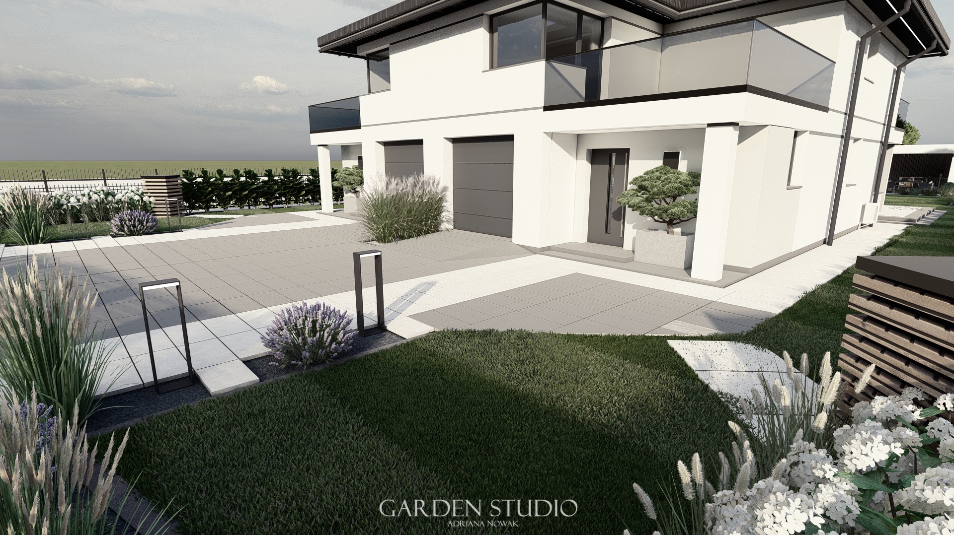 Wizualizacja nowoczesnego domu jednorodzinnego z zadbanym ogrodem, obejmującym trawnik, rabaty z kwitnącymi krzewami, ozdobne trawy i ścieżki z jasnych płyt chodnikowych, oświetlone niskimi lampami...