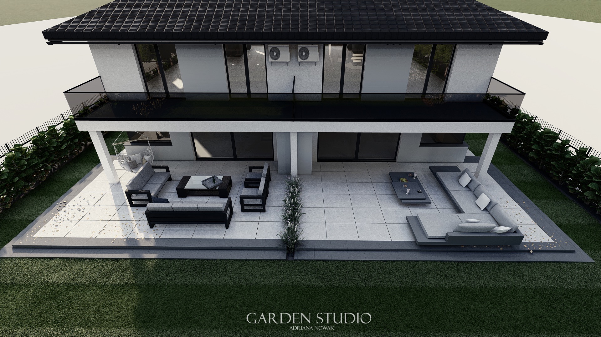 Wizualizacja nowoczesnego domu z tarasem i ogrodem, widok z góry. Na tarasie znajdują się meble wypoczynkowe, a w ogrodzie zadbana zieleń. Widoczne klimatyzatory na ścianie budynku. Projekt Garden...