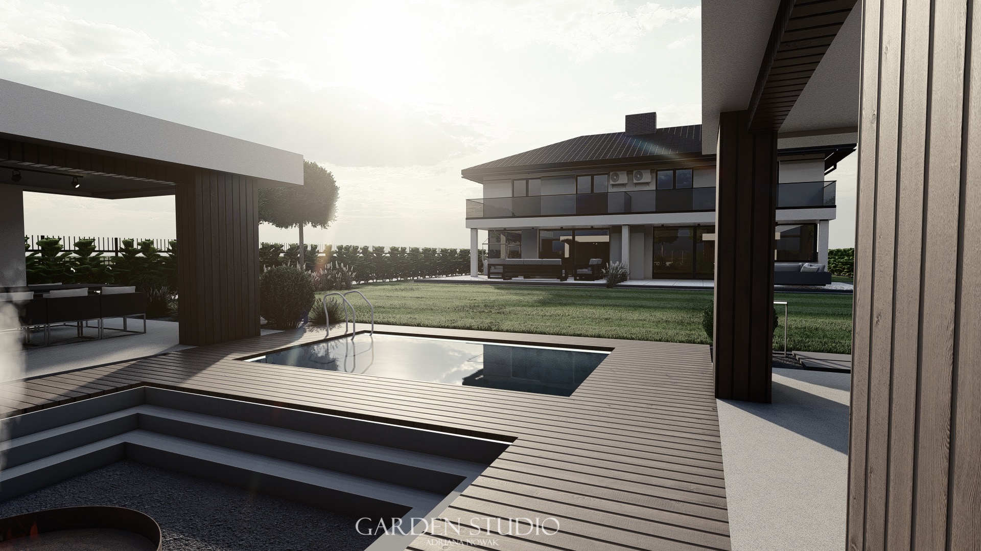 Wizualizacja ogrodu z basenem i nowoczesną architekturą domu w tle, drewniany taras z paleniskiem wkomponowany w krajobraz.