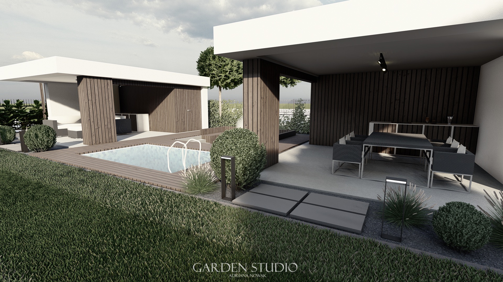 Wizualizacja nowoczesnego ogrodu z basenem, drewnianymi pawilonami i minimalistycznym oświetleniem, prezentująca projekt zagospodarowania przestrzeni z dbałością o detale.