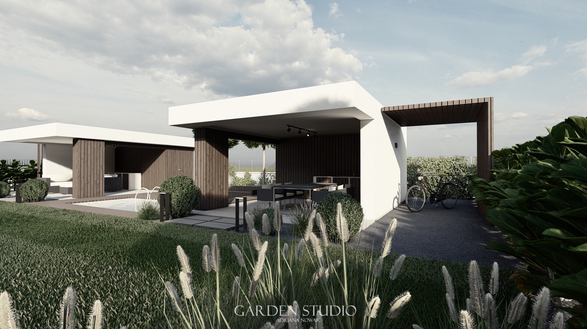 Wizualizacja nowoczesnego ogrodu z minimalistyczną architekturą, obejmującą pawilon z ciemnego drewna i białe ściany, basen, staromodny rower oparty o ścianę i ozdobne trawy na pierwszym planie.