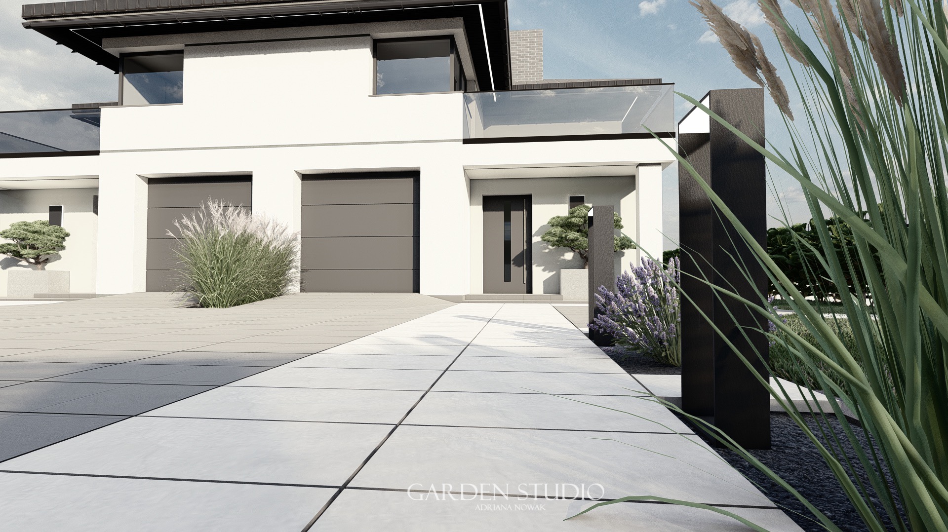 Nowoczesny dom z minimalistycznym ogrodem: ozdobne trawy, lawenda i bonsai w donicach, wyłożony jasnoszarymi płytami chodnik.