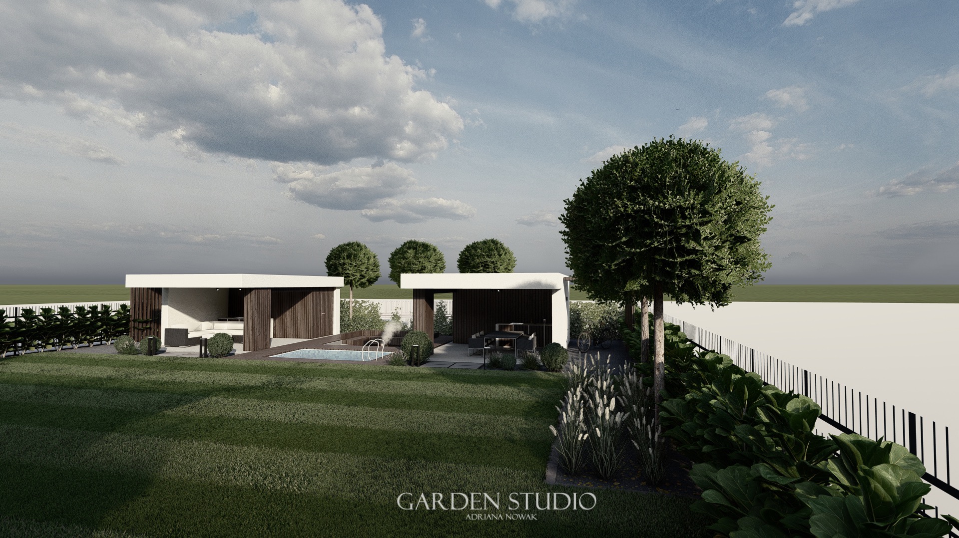Wizualizacja ogrodu z dwoma nowoczesnymi pawilonami, basenem, trawnikiem i starannie dobraną roślinnością ozdobną, w tym kuliste drzewa i trawy pampasowe.