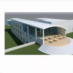 Wizualizacja 3D budynku biurowego z zaokrąglonym dachem i przeszkloną częścią restauracyjną z okrągłymi stolikami na zewnątrz.