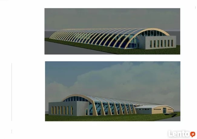 Wizualizacja 3D nowoczesnej hali sportowej z łukową konstrukcją z drewna i przeszkleniami, prezentowana z dwóch różnych perspektyw.