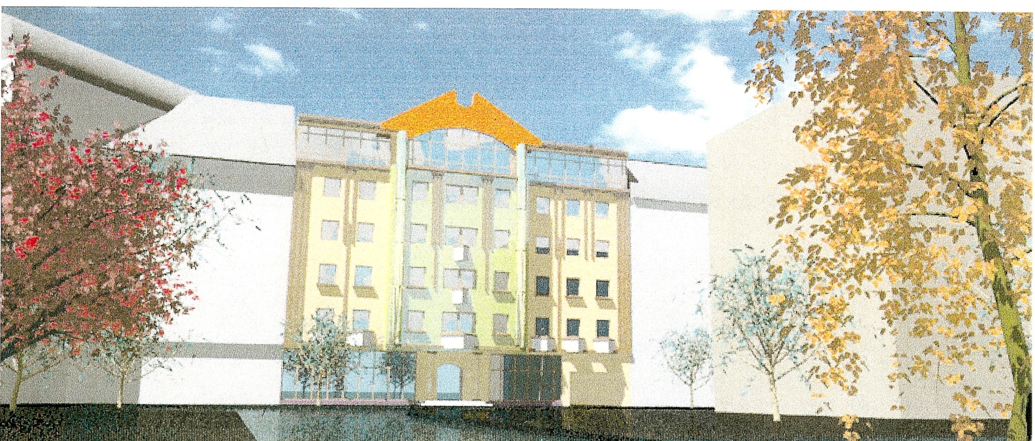 Wizualizacja budynku wielorodzinnego z charakterystycznym pomarańczowym dachem w kształcie litery V, otoczonego zielenią drzew w różnych odcieniach, prezentowana jako projekt architektoniczny.