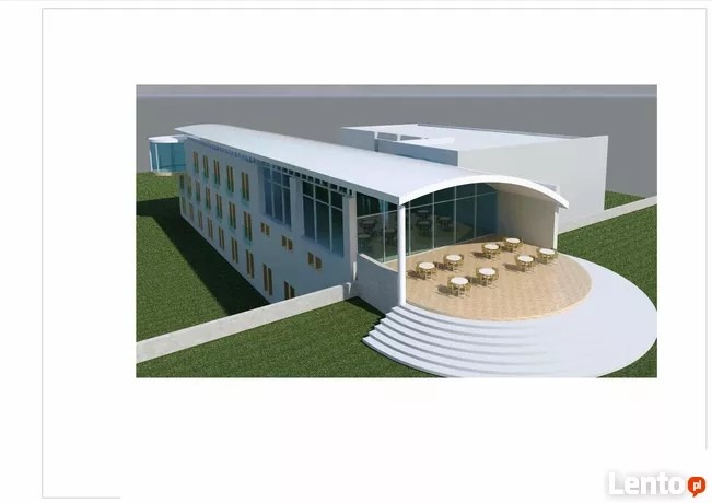 Wizualizacja 3D budynku biurowego z zaokrąglonym dachem i przeszkloną częścią restauracyjną z okrągłymi stolikami na zewnątrz.