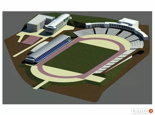 Wizualizacja 3D projektu stadionu sportowego z bieżnią, trybunami, zadaszeniem nad częścią bieżni oraz budynkami zaplecza.