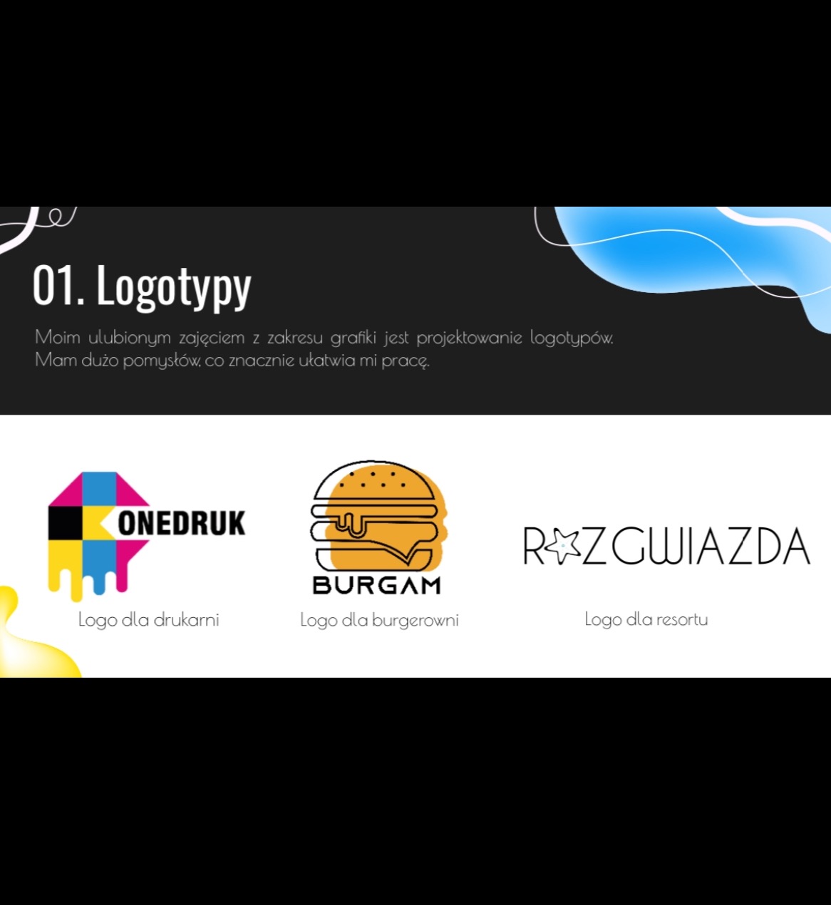 Prezentacja trzech różnych logotypów: dla drukarni z geometrycznym symbolem, dla burgerowni z ikoną burgera i dla resortu z gwiazdą w nazwie, na białym tle z tekstem wprowadzającym.
