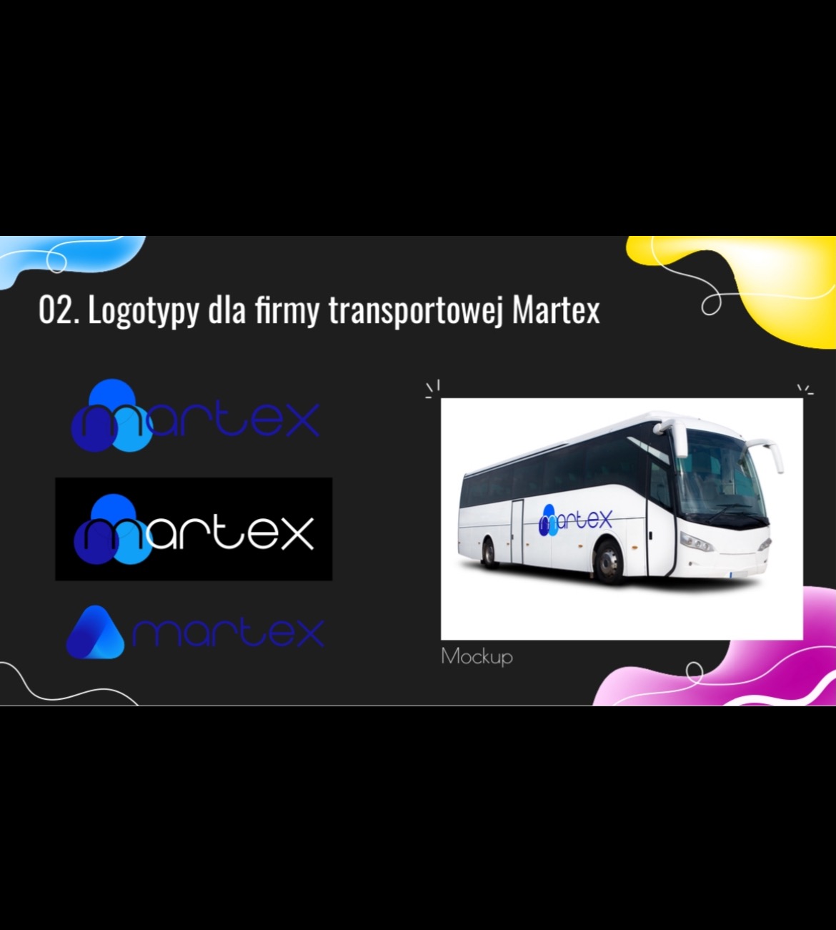Prezentacja logo firmy transportowej Martex: trzy warianty logo na ciemnym tle oraz wizualizacja logo na białym autobusie turystycznym.