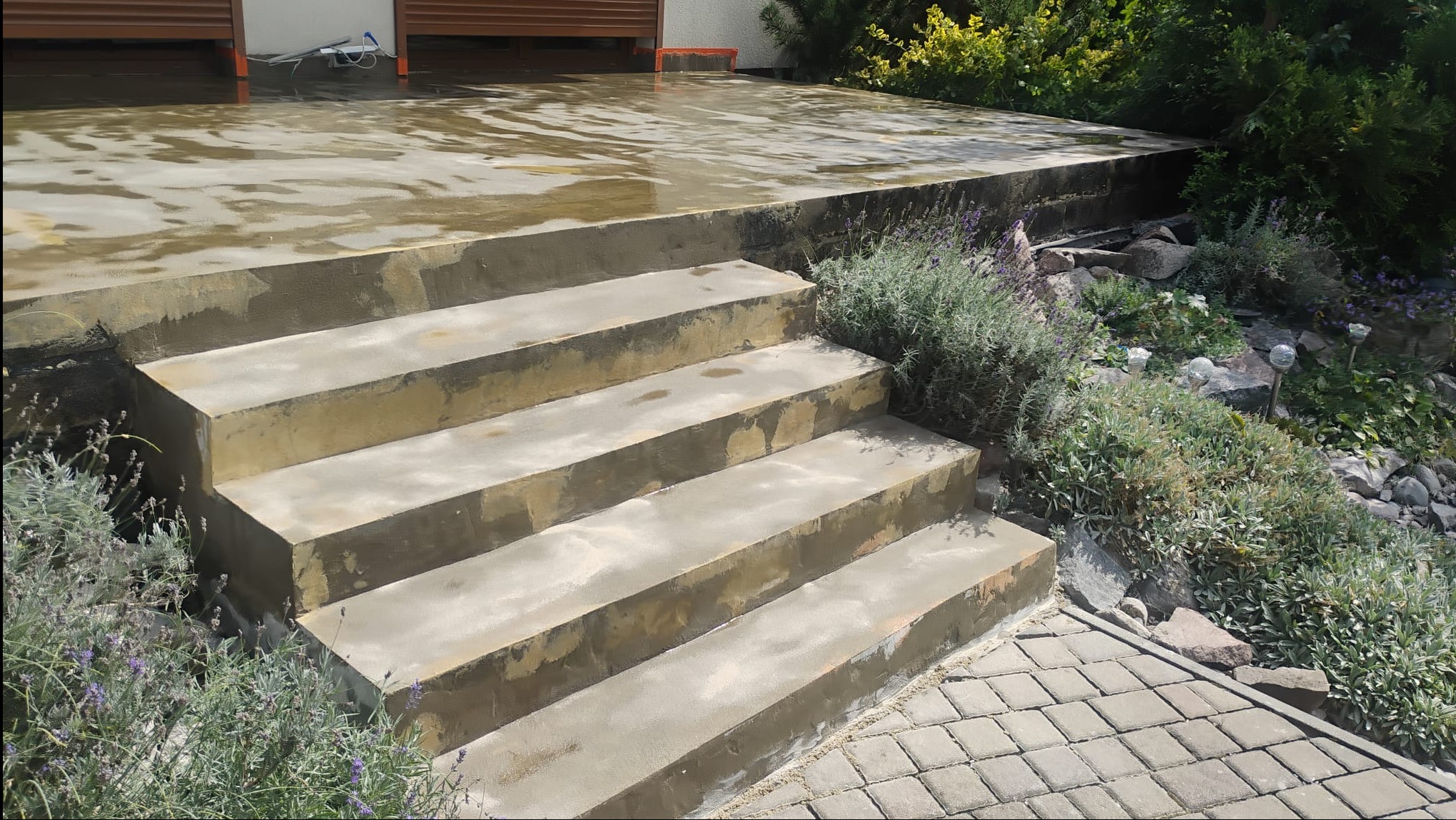 Schody i taras po nałożeniu szarej, gładkiej powłoki. Widoczne rośliny i kostka brukowa. Powłoka mokra, w trakcie schnięcia.