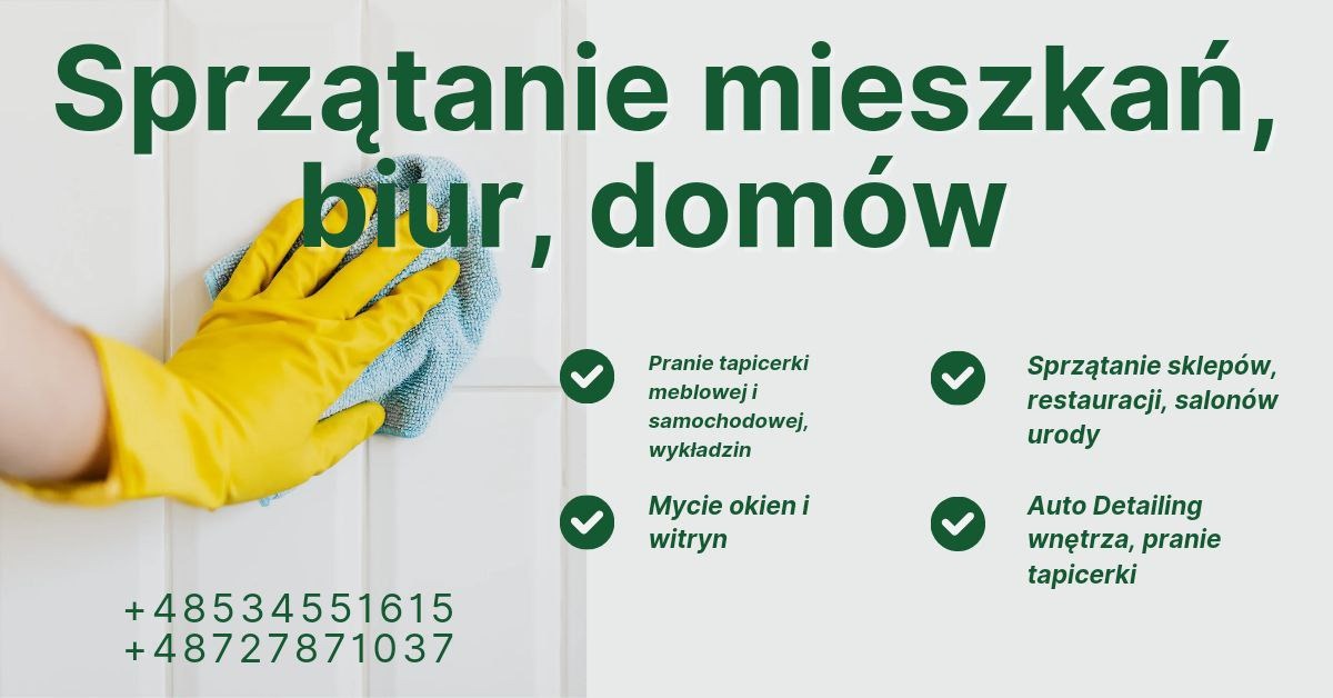 Grafika reklamowa usług sprzątania mieszkań, biur i domów we Wrocławiu, prezentująca dłoń w żółtej rękawicy czyszczącą białe kafelki, z dodatkowymi informacjami o ofercie prania tapicerki i mycia...