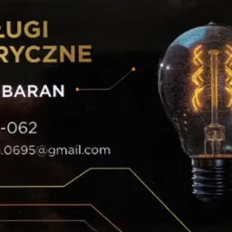 Wizytówka firmy elektrycznej z dekoracyjną żarówką, danymi kontaktowymi i napisem 'Usługi Elektryczne'.