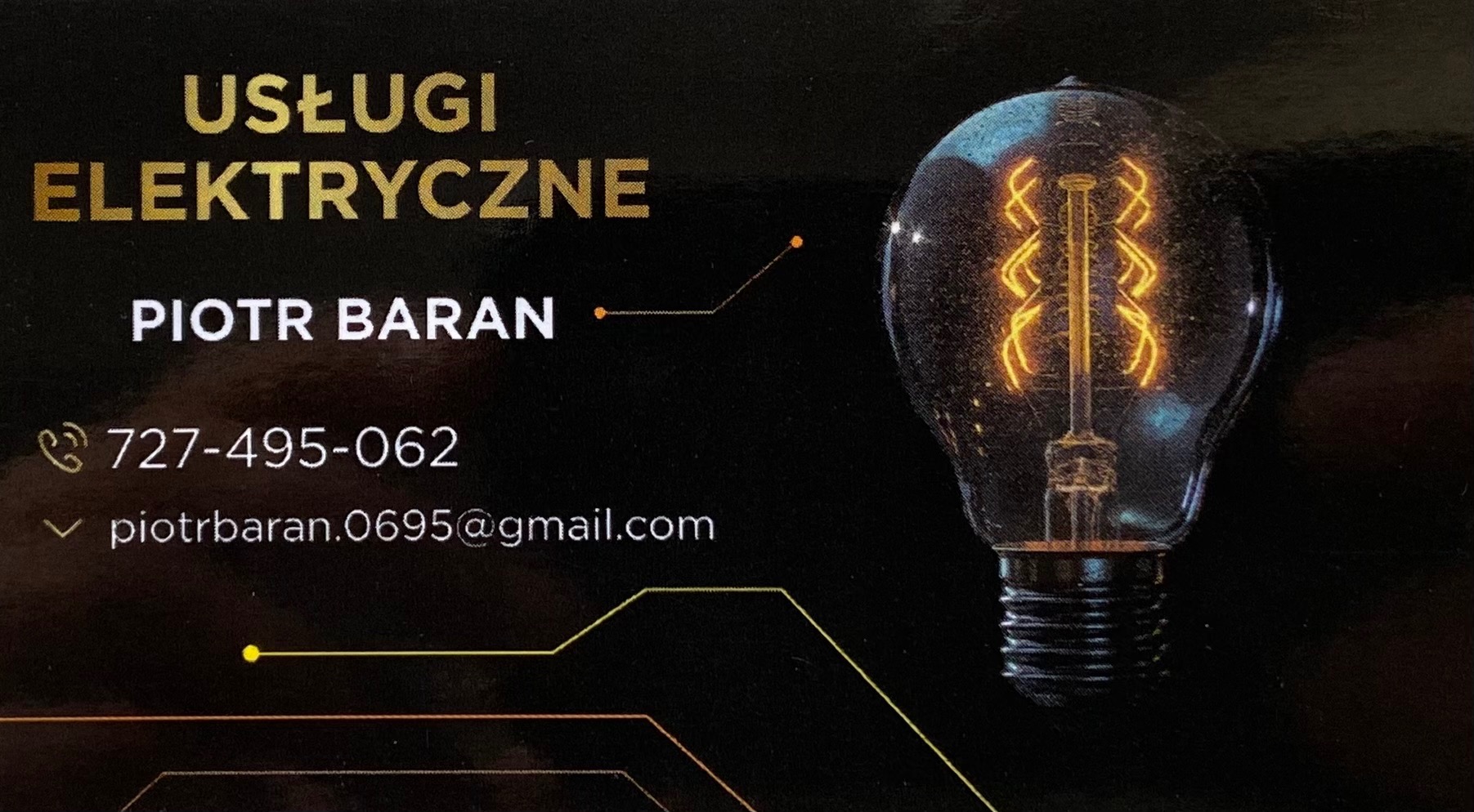 Wizytówka firmy elektrycznej z dekoracyjną żarówką, danymi kontaktowymi i napisem 'Usługi Elektryczne'.