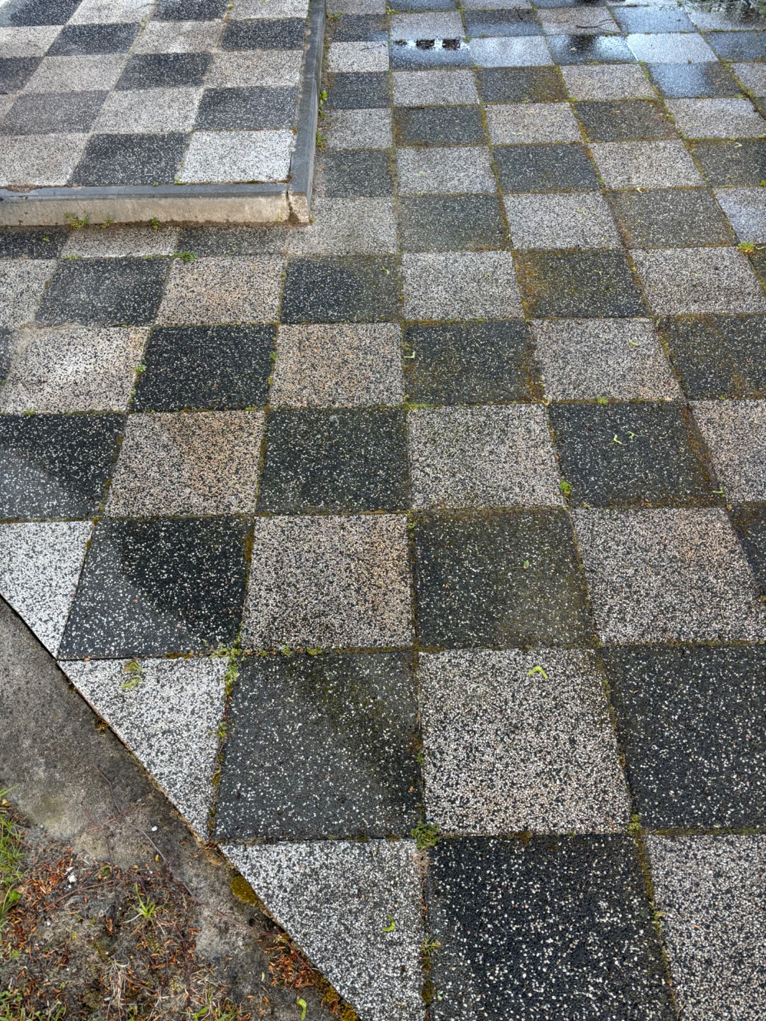 Szachownica z kostki brukowej w odcieniach szarości, miejscami wilgotna i porośnięta mchem, widoczne fragmenty trawy i ziemi na obrzeżach.