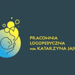 Logo pracowni logopedycznej Mgr Katarzyny Jajuga z konturem profilu dziecka w okręgu z gradientem niebiesko-żółtym.